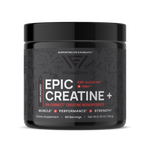 Black container of Epic Creatine+ with red and white text on a white background