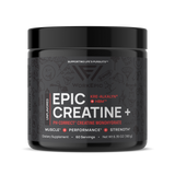 Black container of Epic Creatine+ with red and white text on a white background