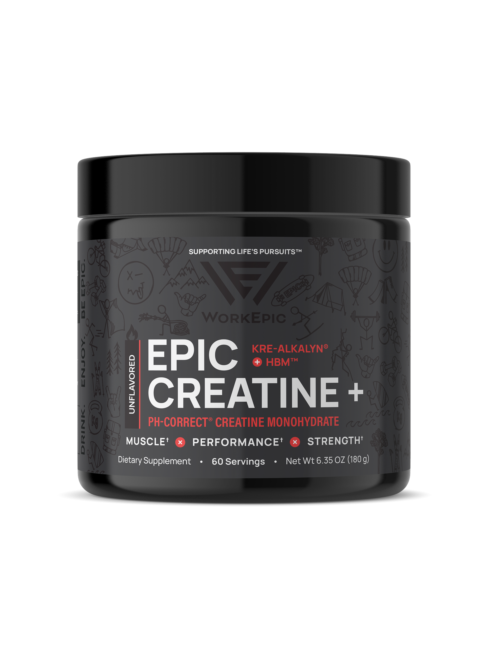 Black container of Epic Creatine+ with red and white text on a white background