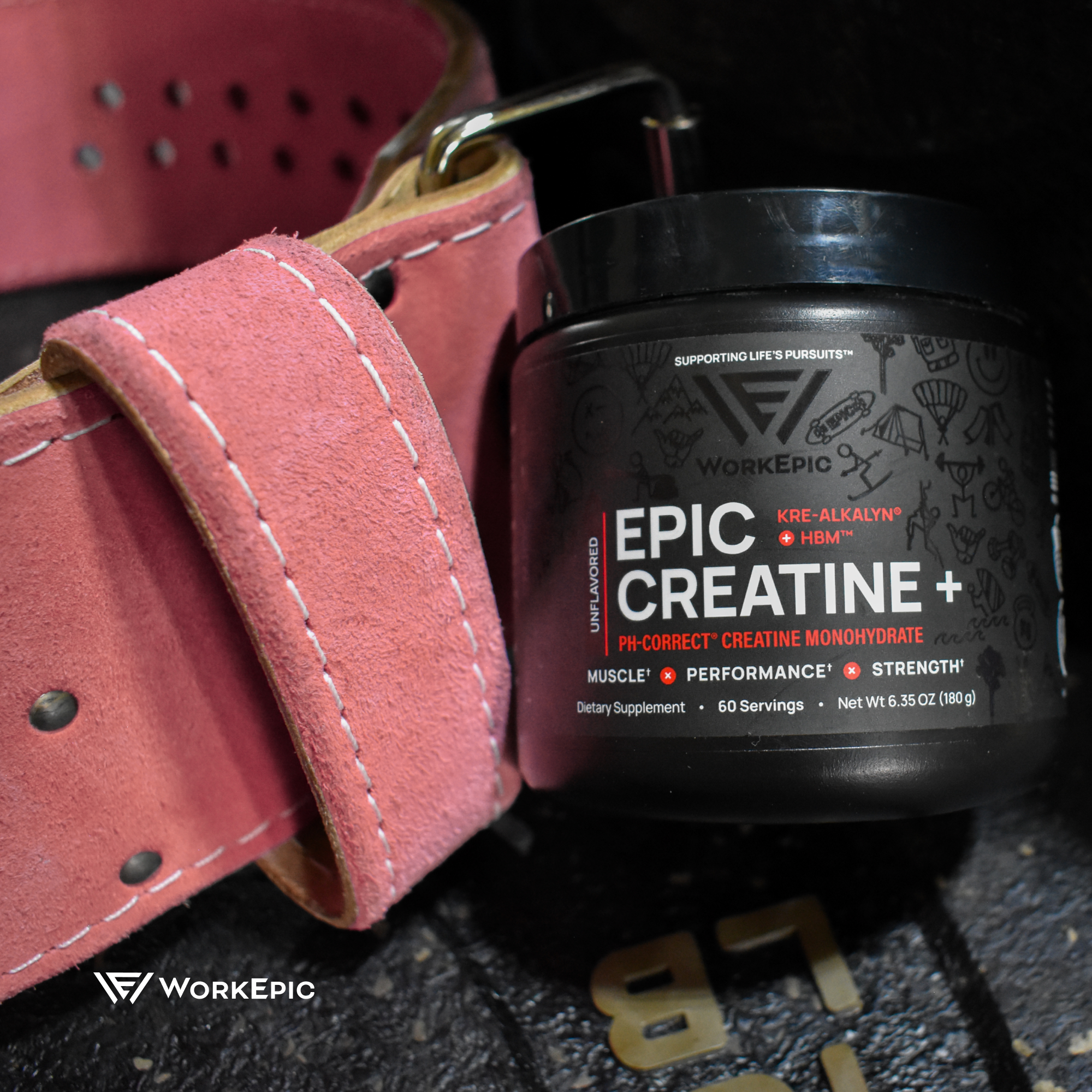 Weightlifter using bottle of Epic Creatine - (Kre-Alkalyn and HBM)
