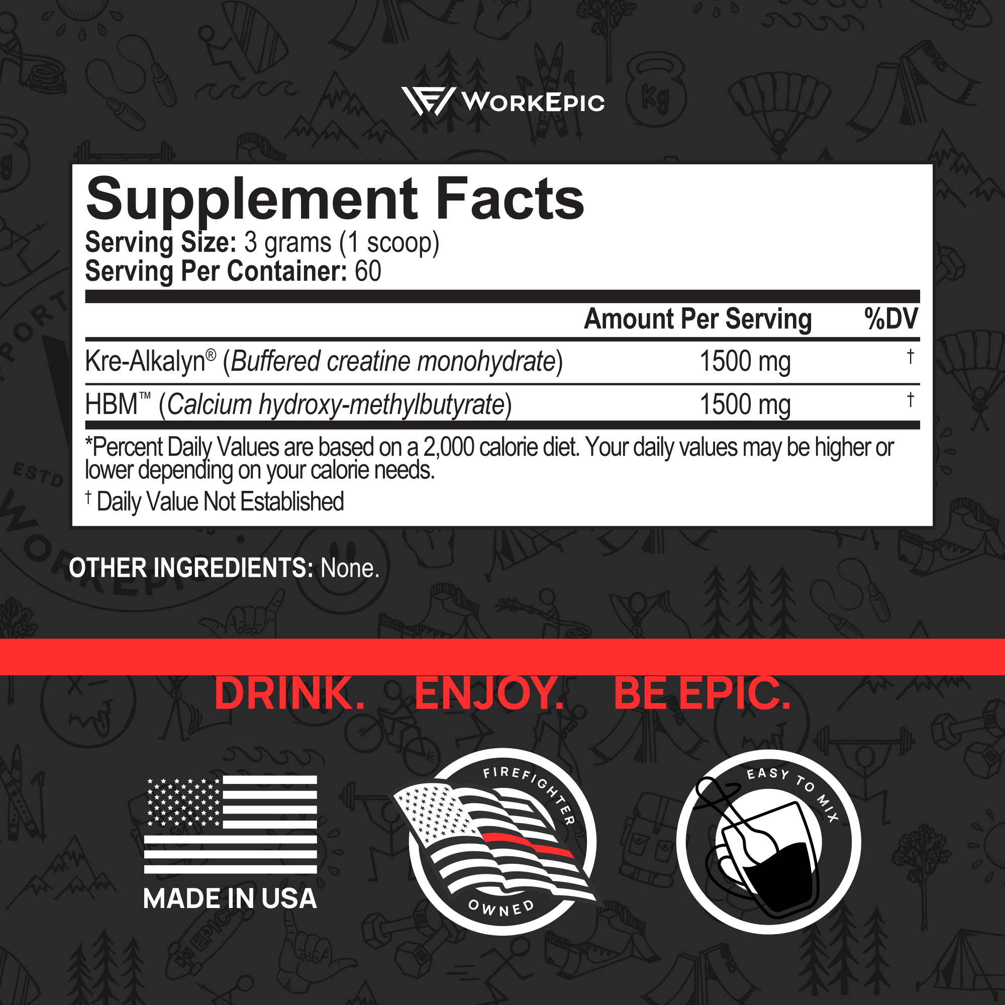 Supplement facts label for Epic Creatine with WorkEpic branding on a dark background