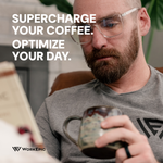 Promotional image of Work Epic Performance Coffee with white text and a person drinking a cup of coffee