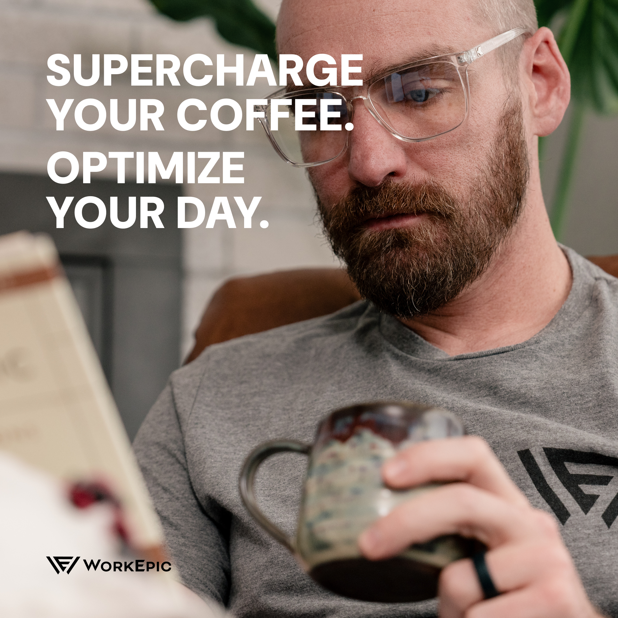 Promotional image of Work Epic Performance Coffee with white text and a person drinking a cup of coffee