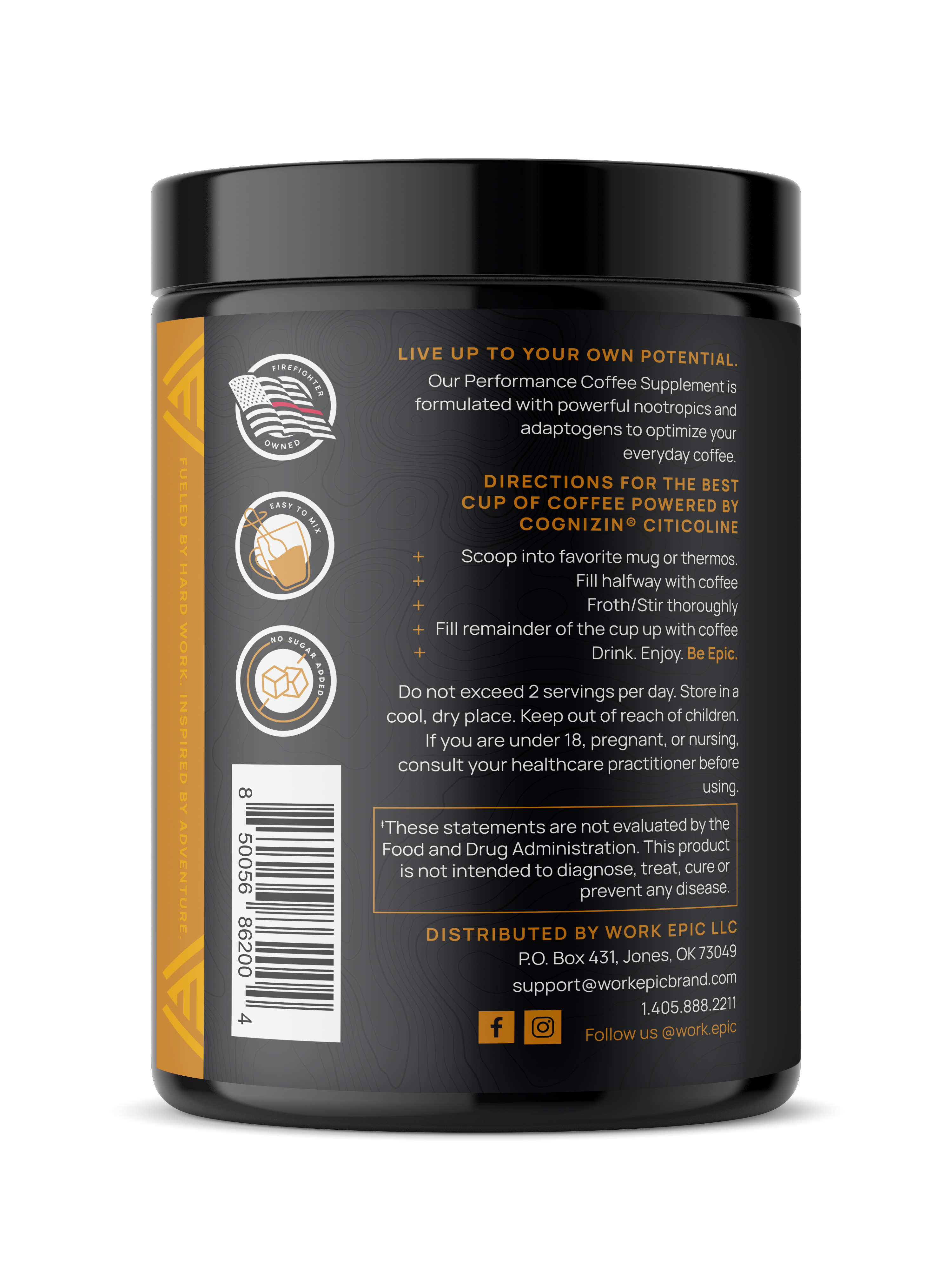 Side view of Performance Coffee Supplement bottle