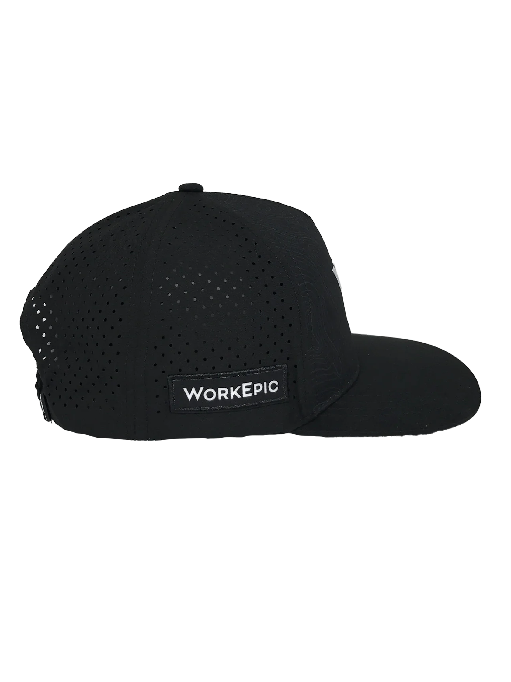 Side view of a hat with a Work Epic logo on the front