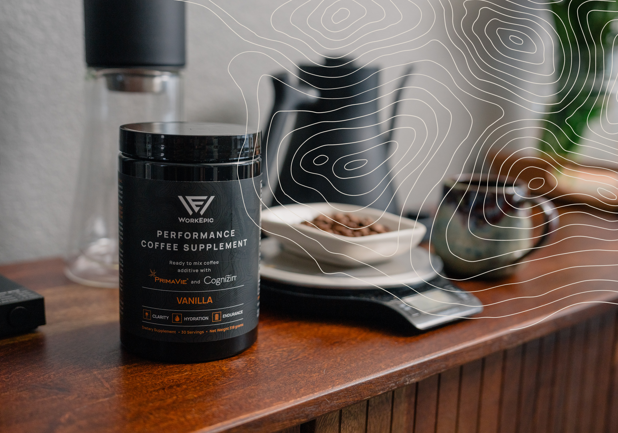 A promotional image of Work Epic's Performance Coffee Supplement on a wooden surface
