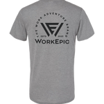A gray short-sleeve t-shirt with a Work Epic logo on the back.