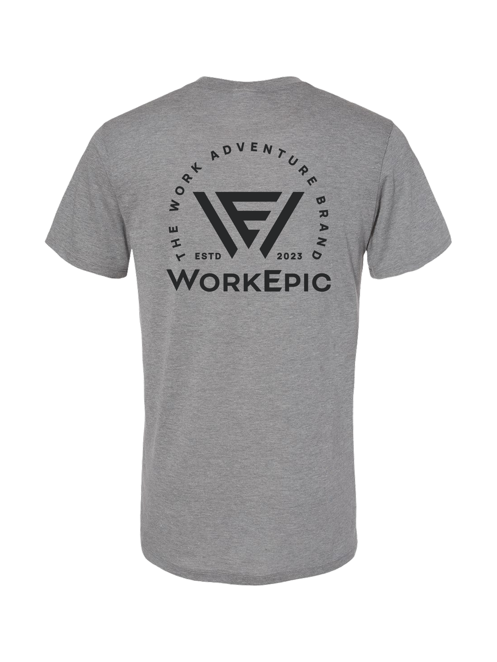A gray short-sleeve t-shirt with a Work Epic logo on the back.