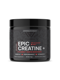 Black container of Epic Creatine+ with red and white text on a white background