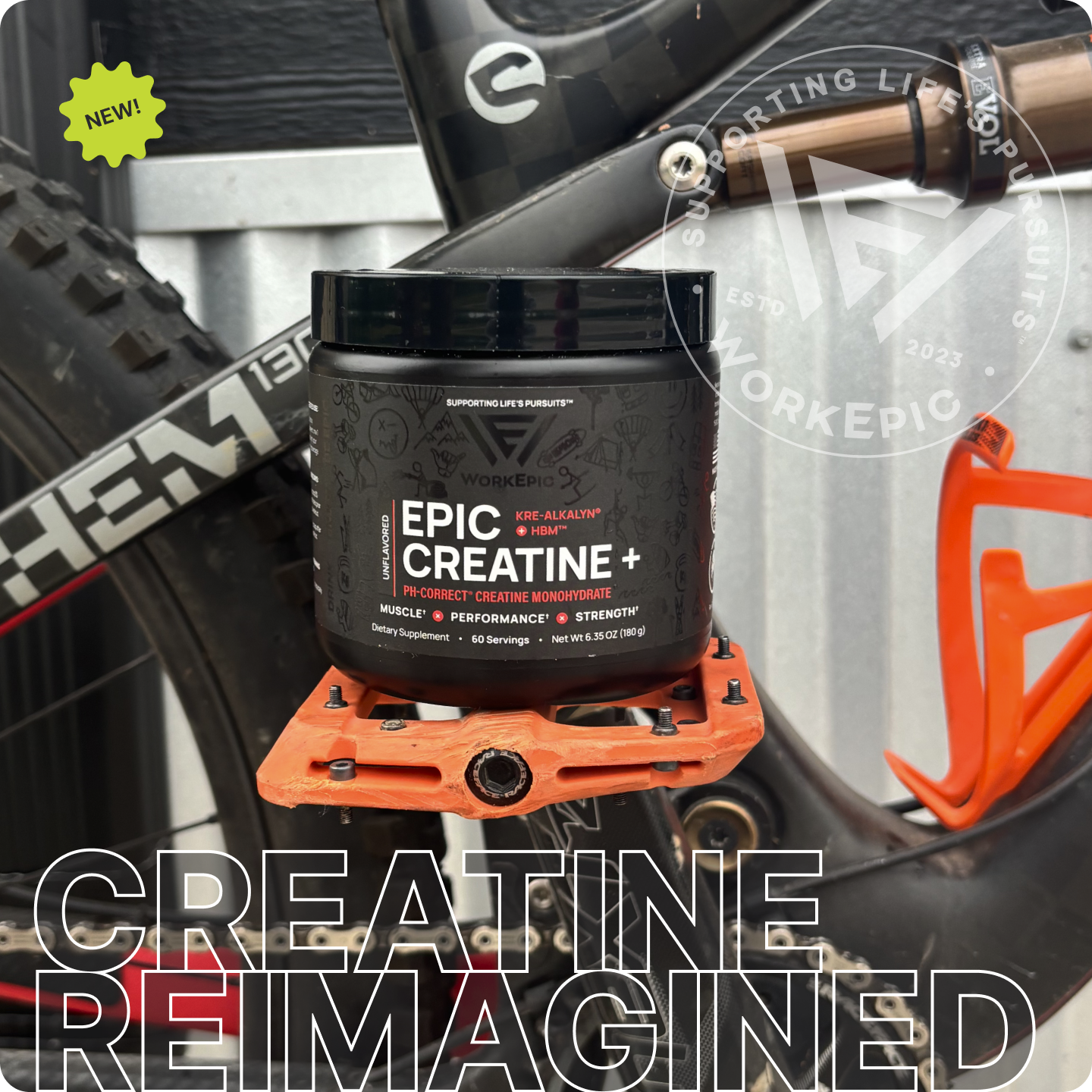 Supplement container labeled 'Epic Creatine+' on a bike with promotional text.