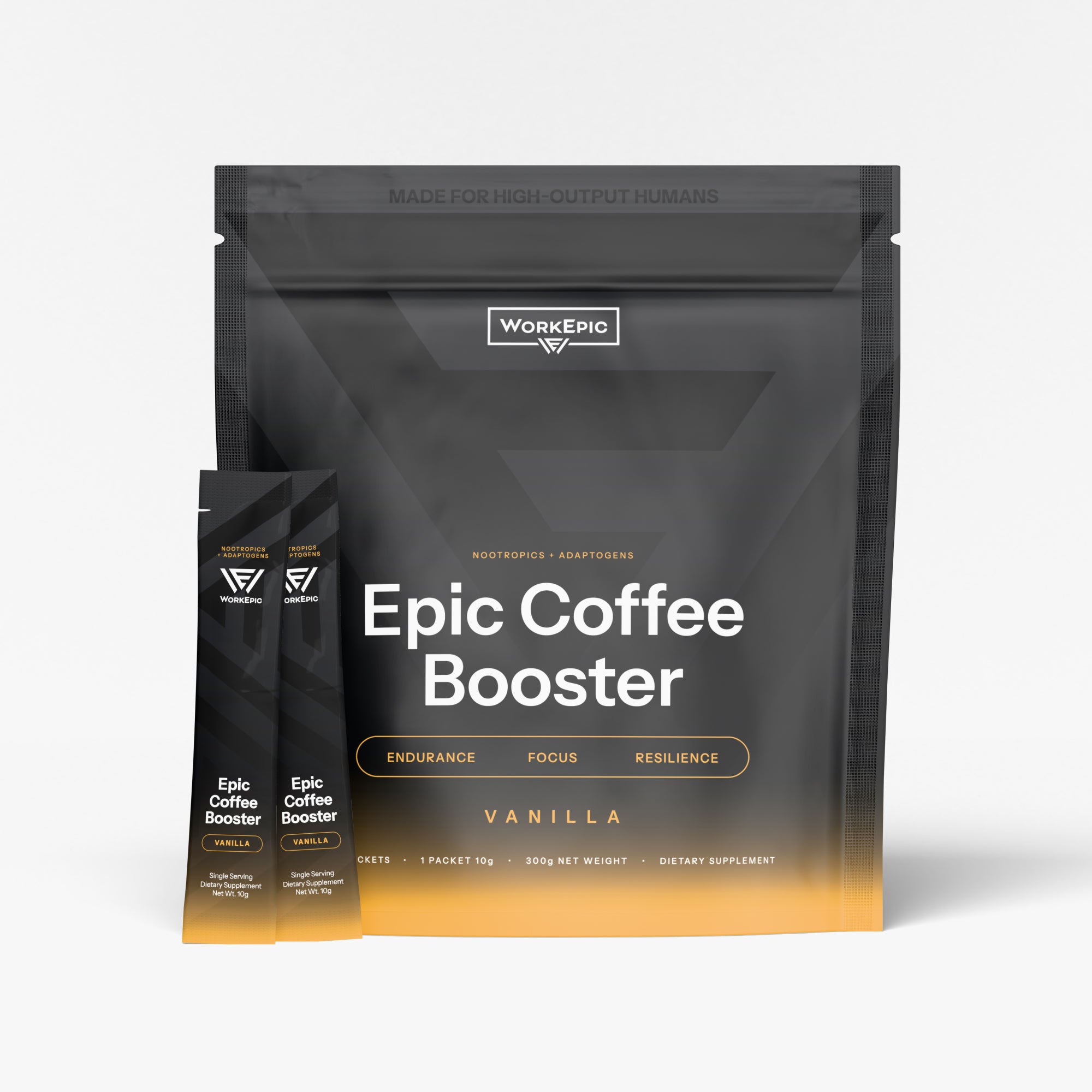 WorkEpic Epic Coffee Booster in a large black resealable pouch with a matching single-serve stick pack standing in front, shown on a clean light gray background.