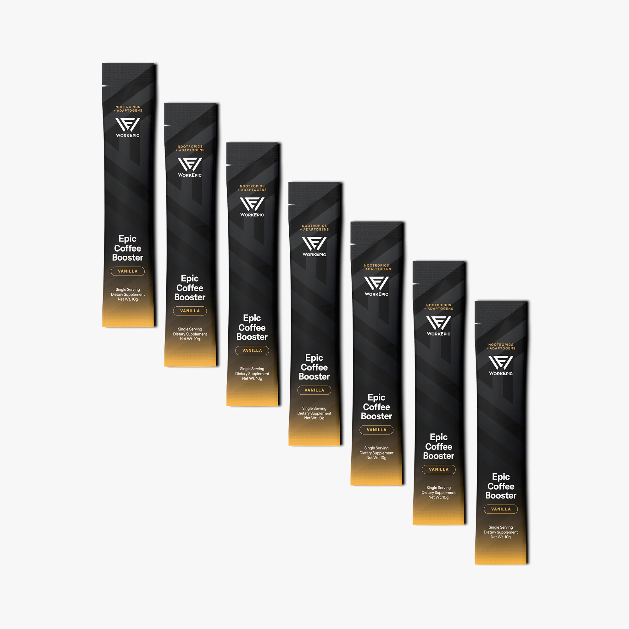 Seven black and gold sachets of Epic Coffee Booster arranged in a staggered diagonal layout on a light gray background.