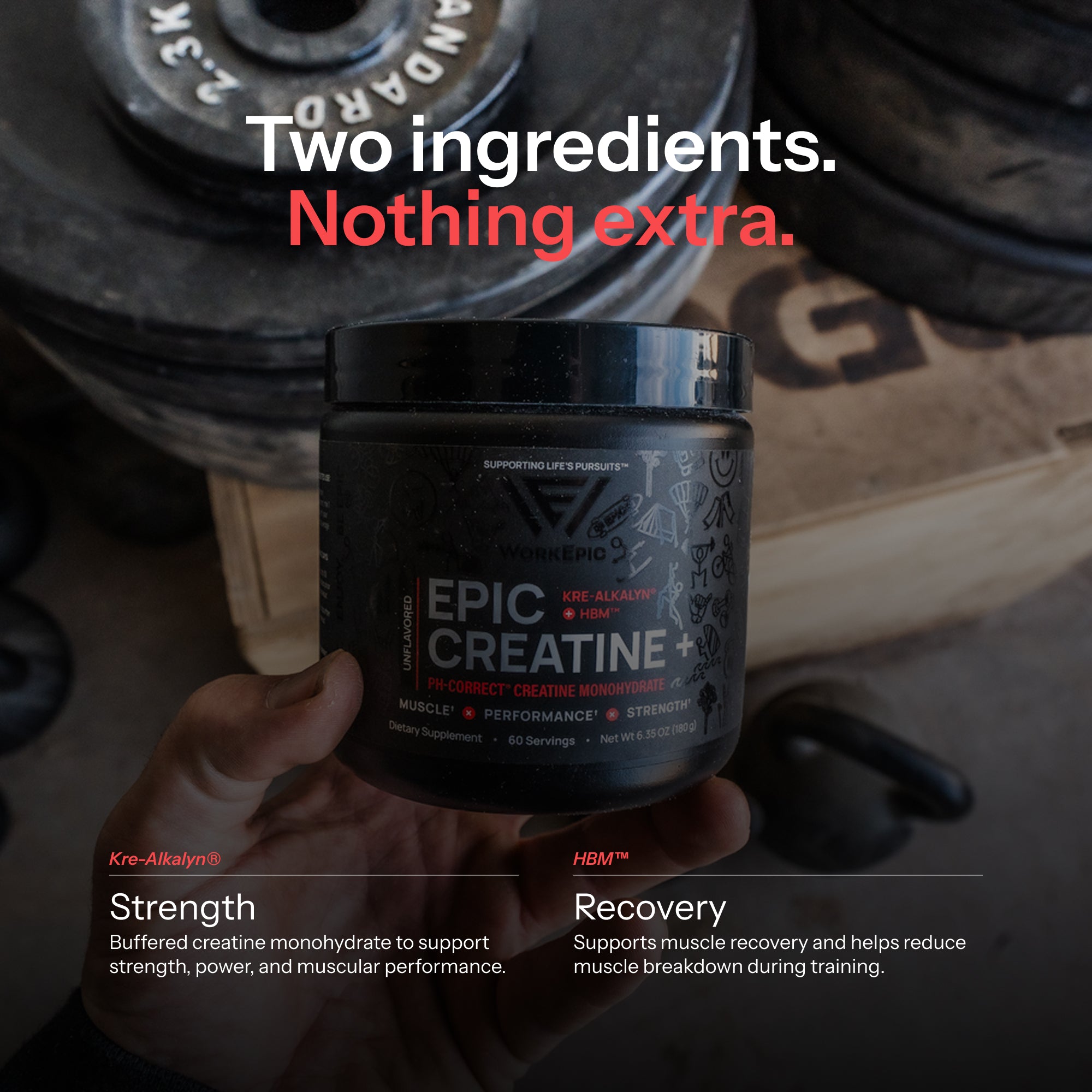 A hand holds a black tub of Work Epic Epic Creatine + supplement in front of a gym background with weight plates and a wooden box. Large text at the top reads 'Two ingredients. Nothing extra.'