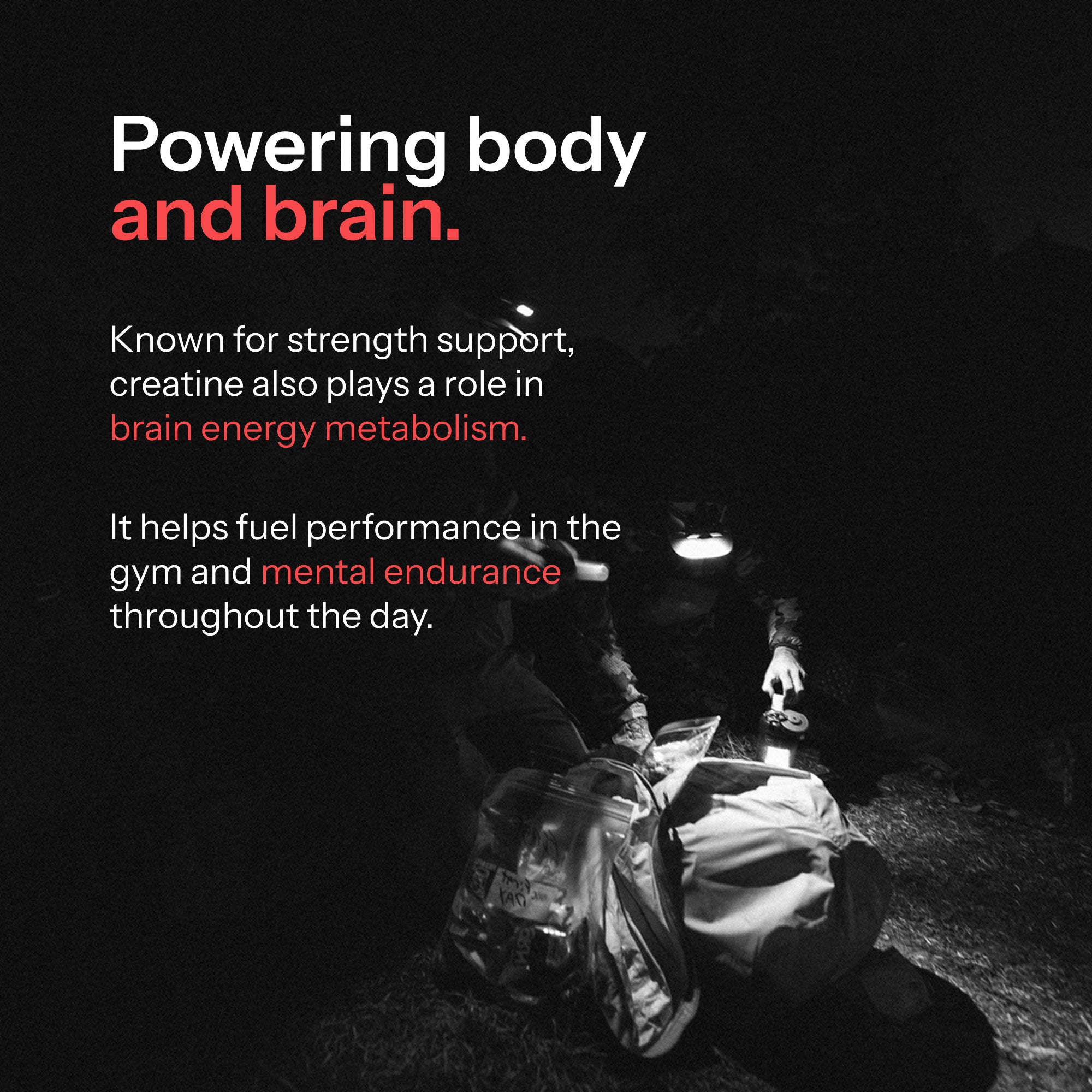 A dark promotional graphic with text reading 'Powering body and brain.' and additional copy about creatine supporting brain energy metabolism and mental endurance.