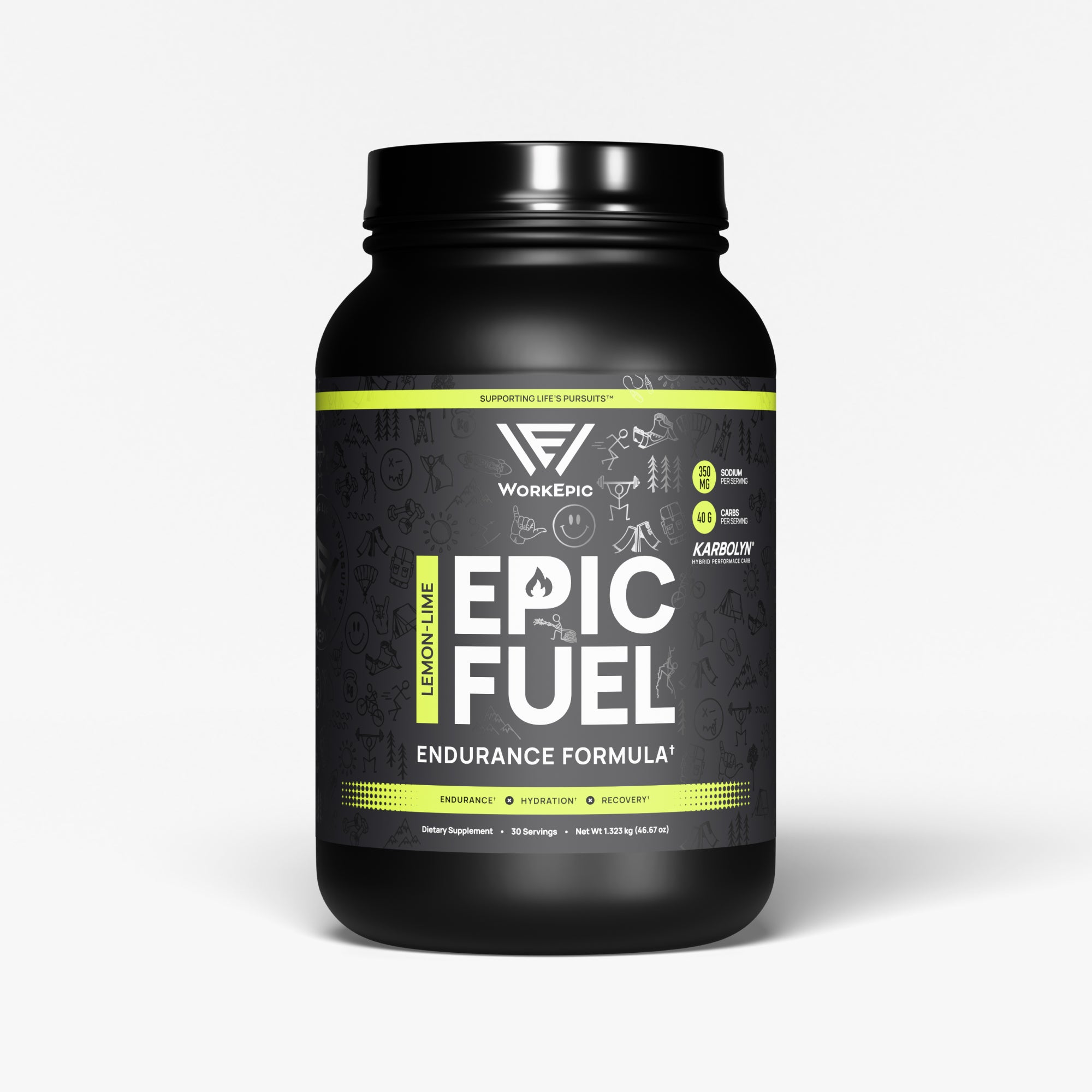 WorkEpic Epic Fuel Endurance Formula supplement tub in lemon lime flavor, shown on a clean light gray background.