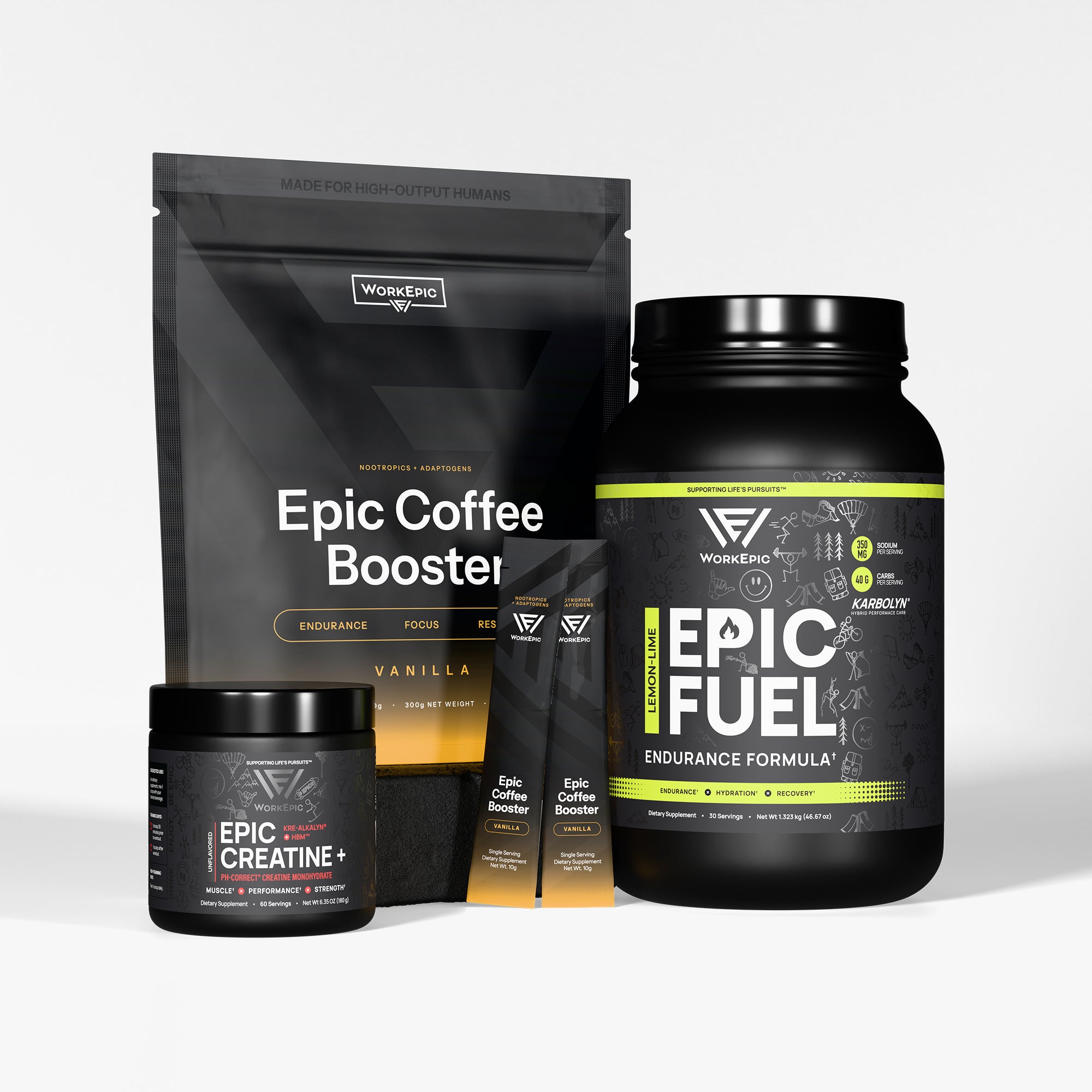 A product bundle from Work Epic on a light gray background, featuring a large black stand-up pouch of Epic Coffee Booster (Vanilla), a large black tub of Epic Fuel Endurance Formula, a smaller black tub of Epic Creatine+, and two individual stick packs.