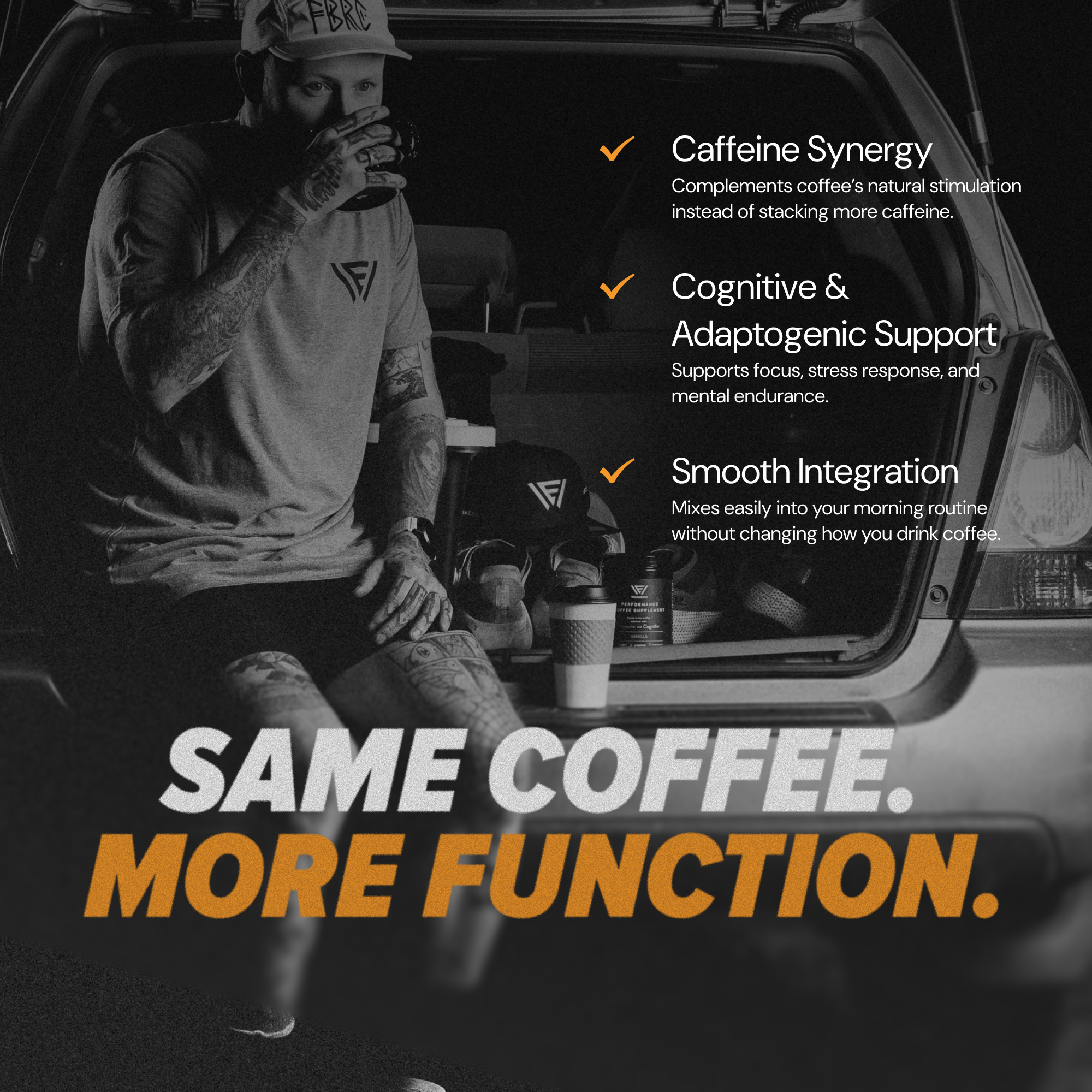 Person sitting in a car with coffee and a product, promoting caffeine synergy and cognitive support.