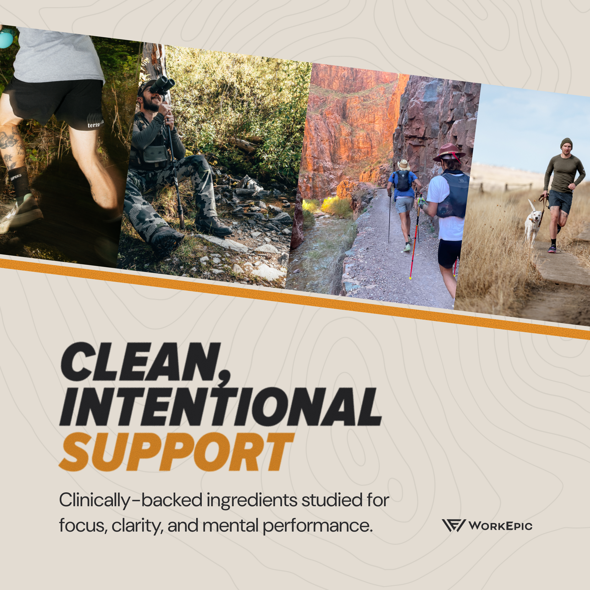 Collage of people outdoors with text about 'Clean, Intentional Support' and a brand logo.