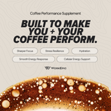 Advertisement for a coffee performance supplement with text and a close-up of coffee.
