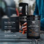 Black supplement container with text on a blurred background