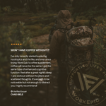 Person in camouflage gear with a backpack, text about coffee supplement, and Work Epic logo.
