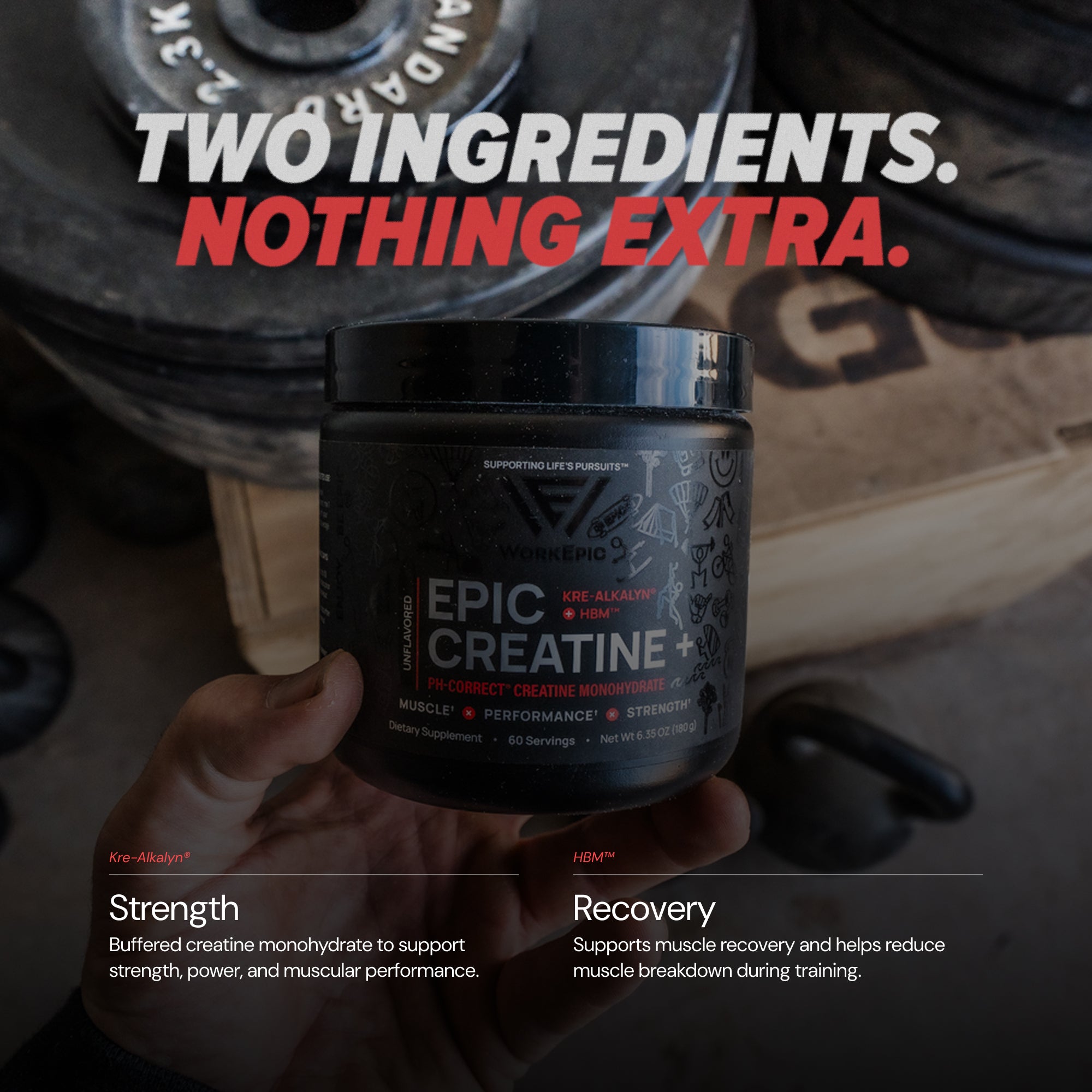 Person holding a container of Epic Creatine+ with gym equipment in the background