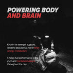 Person lying on a mat with text about creatine supplement benefits on a dark background