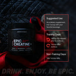 Epic Creatine+ supplement container with usage instructions on a dark background