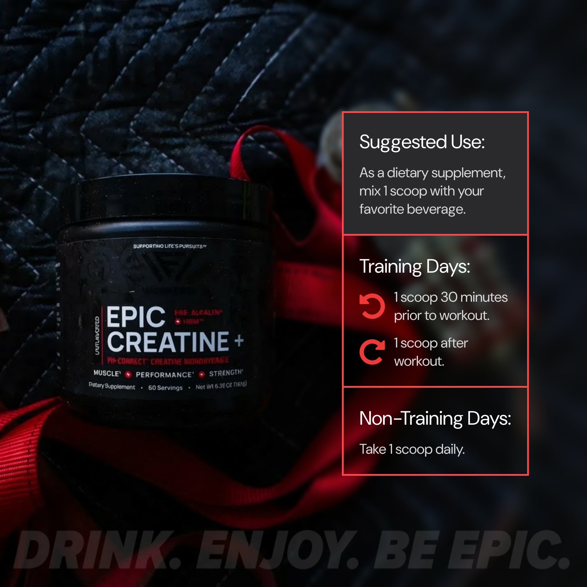 Epic Creatine+ supplement container with usage instructions on a dark background
