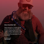 Person wearing a cap and sunglasses with a product, text overlay from a verified buyer.