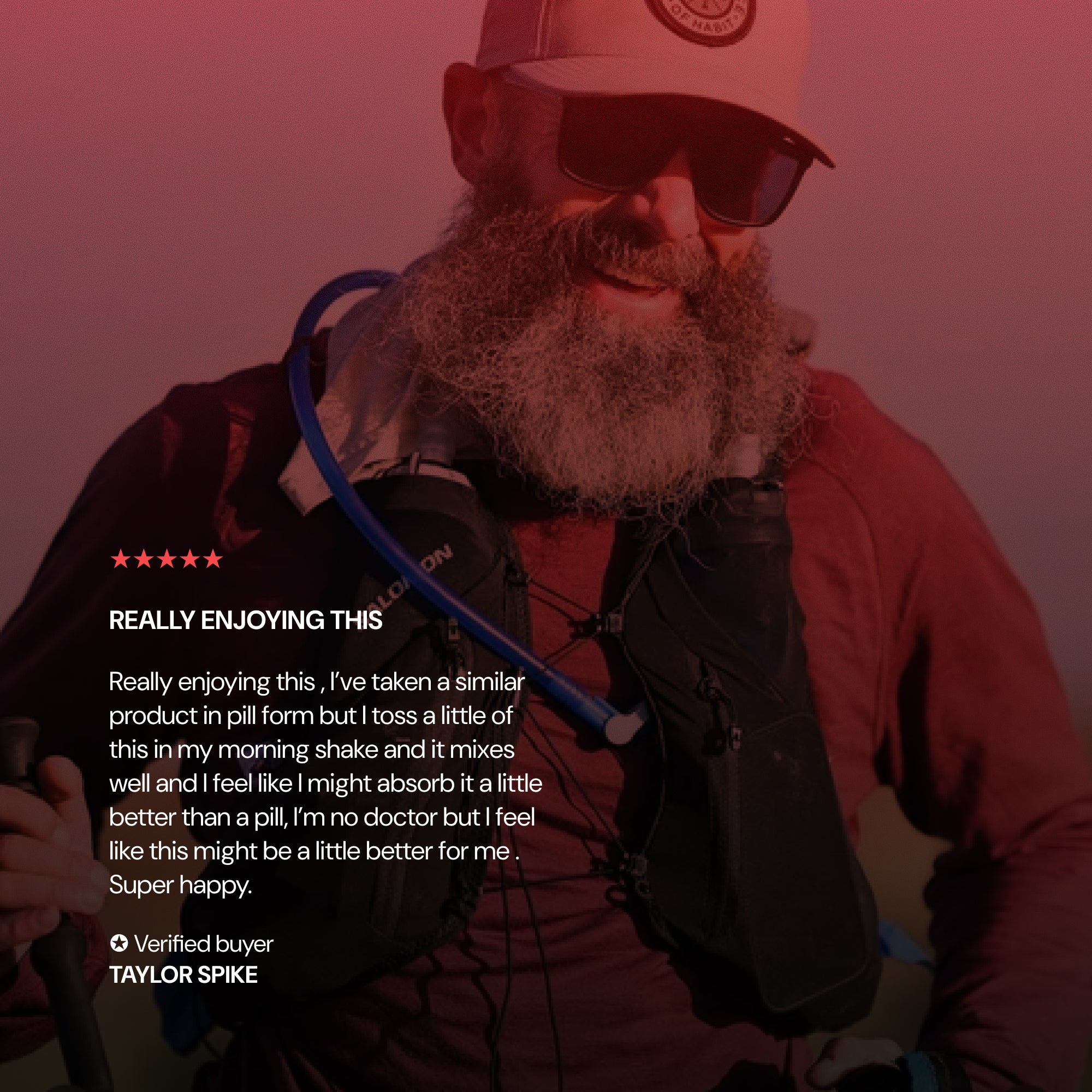 Person wearing a cap and sunglasses with a product, text overlay from a verified buyer.