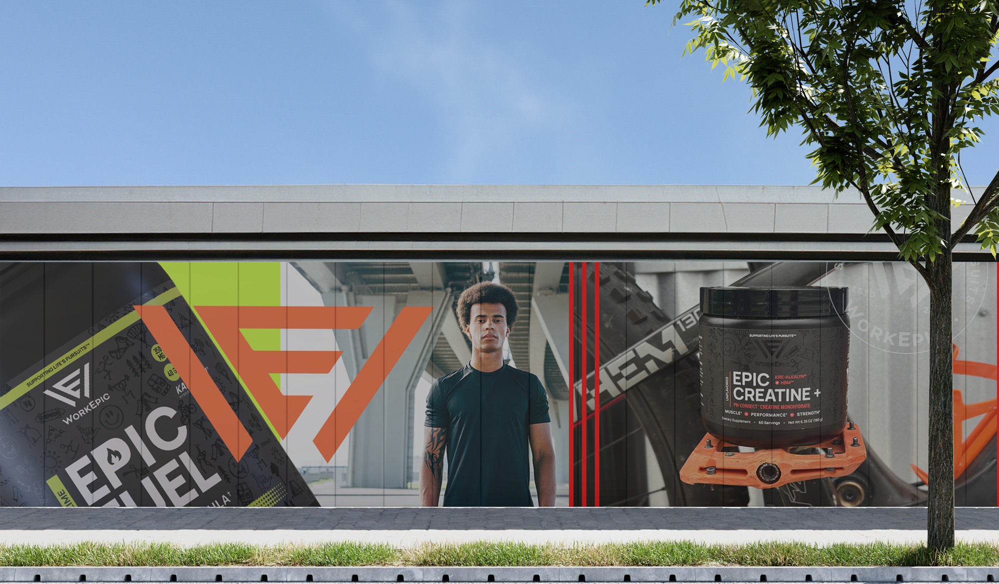 A street billboard featuring Work Epic products