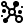 A small black-and-white abstract symbol or icon on a white background, resembling a stylized molecular or geometric graphic.